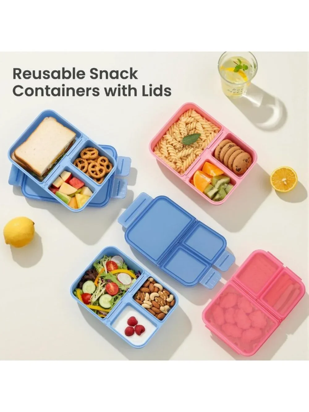 2 Pack Reusable Bento Lunch Snack Boxes for Kids | Removable Dividers